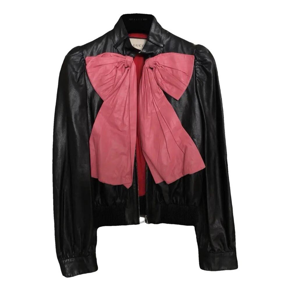 Gucci Black Leather Bomber Jacket Pink Bow Front Size 40 (4 US) - Picture 7 of 15